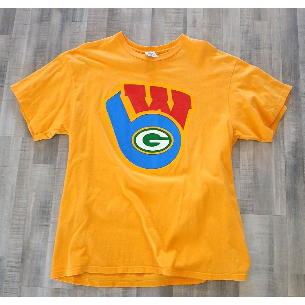 Vintage Wisconsin Green Bay Packers Brewers T shirt Yellow Gold Multi Sports